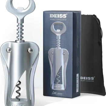 Deiss LUX Wine Opener, All-Metal Wing Corkscrew Wine Bottle Opener with Built-in Beer Bottle Opener - Ergonomic Cork Screw Wine Corker, Silver Matte Coating, Velvet Storage Pouch (