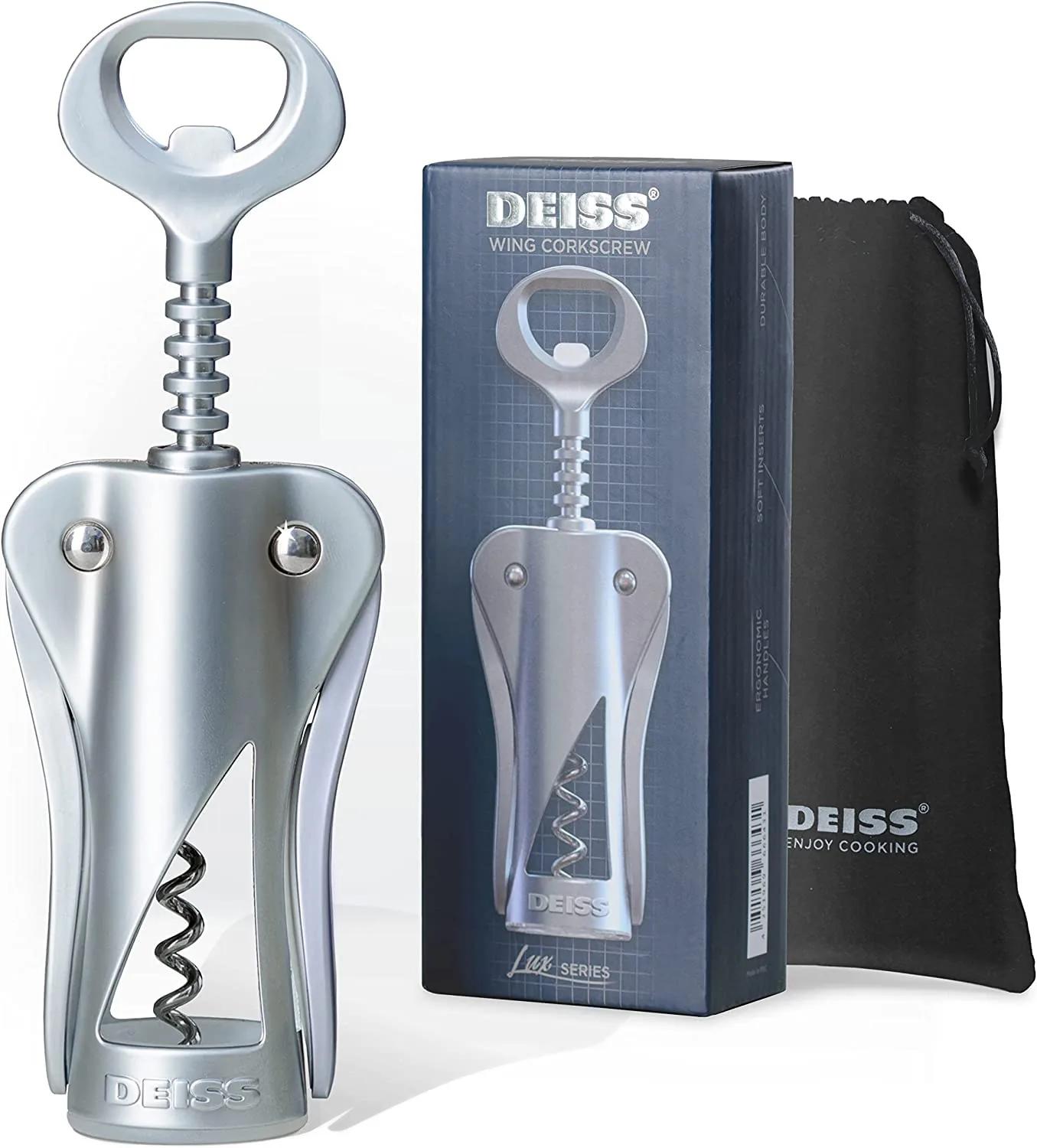 Deiss LUX Wine Opener, All-Metal Wing Corkscrew Wine Bottle Opener with Built-in Beer Bottle Opener - Ergonomic Cork Screw Wine Corker, Silver Matte Coating, Velvet Storage Pouch (