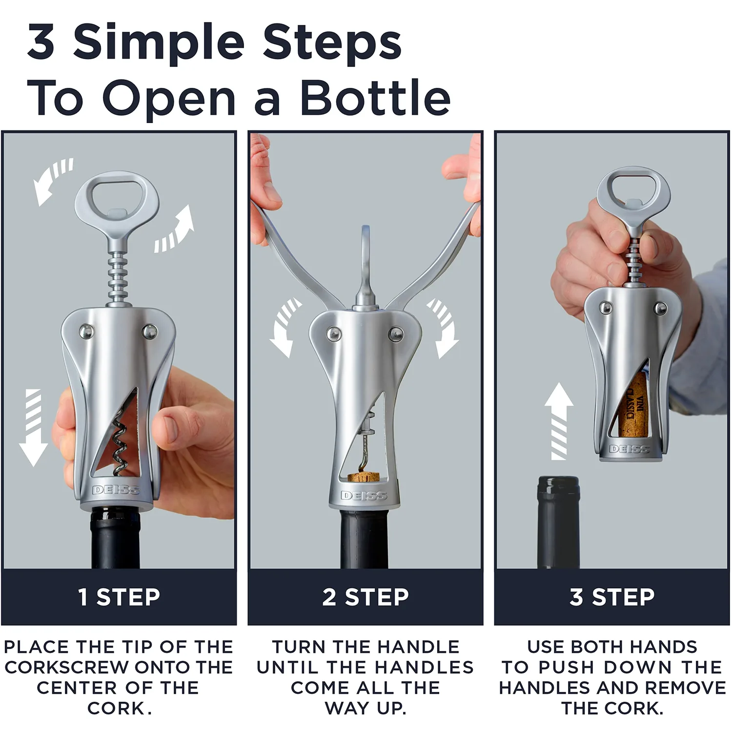 Deiss LUX Wine Opener, All-Metal Wing Corkscrew Wine Bottle Opener with Built-in Beer Bottle Opener - Ergonomic Cork Screw Wine Corker, Silver Matte Coating, Velvet Storage Pouch (