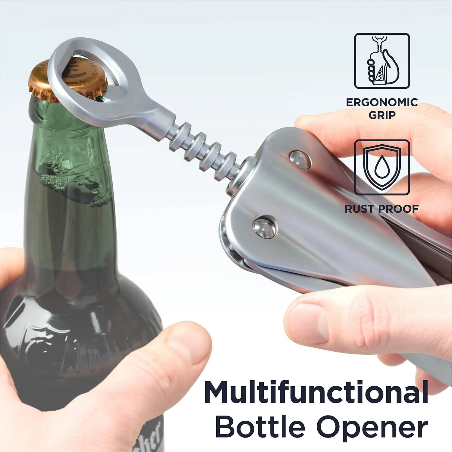 Deiss LUX Wine Opener, All-Metal Wing Corkscrew Wine Bottle Opener with Built-in Beer Bottle Opener - Ergonomic Cork Screw Wine Corker, Silver Matte Coating, Velvet Storage Pouch (