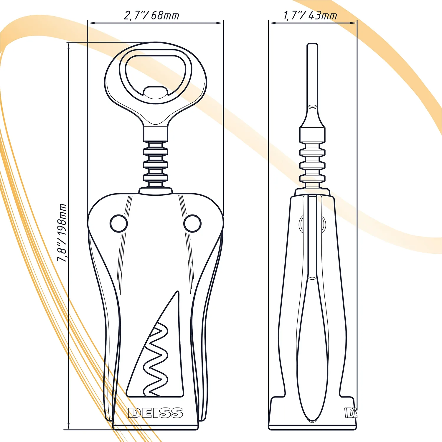 Deiss LUX Wine Opener, All-Metal Wing Corkscrew Wine Bottle Opener with Built-in Beer Bottle Opener - Ergonomic Cork Screw Wine Corker, Silver Matte Coating, Velvet Storage Pouch (