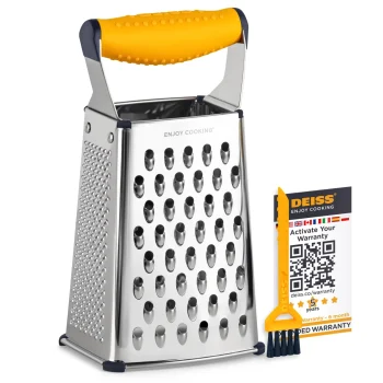 Deiss PRO Box Grater & Cheese Graters for Kitchen - Stainless Steel Cheese Grater and Food Shredder, 4 Sided Hand Grater for Block Cheese, Vegetables Non-Slip Base, Dishwasher Safe