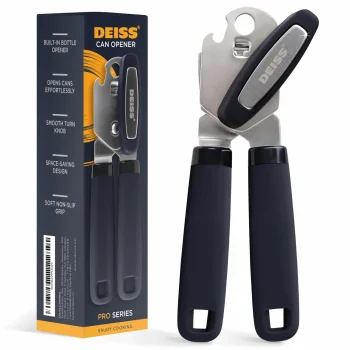 Deiss PRO Hand Held Can Opener – Smooth Edge Can Opener Manual & Bottle Opener, Heavy Duty Stainless Steel Can Openers, Effortless Turn Knob, Sharp Blade for Easy Cutting, Non-Slip