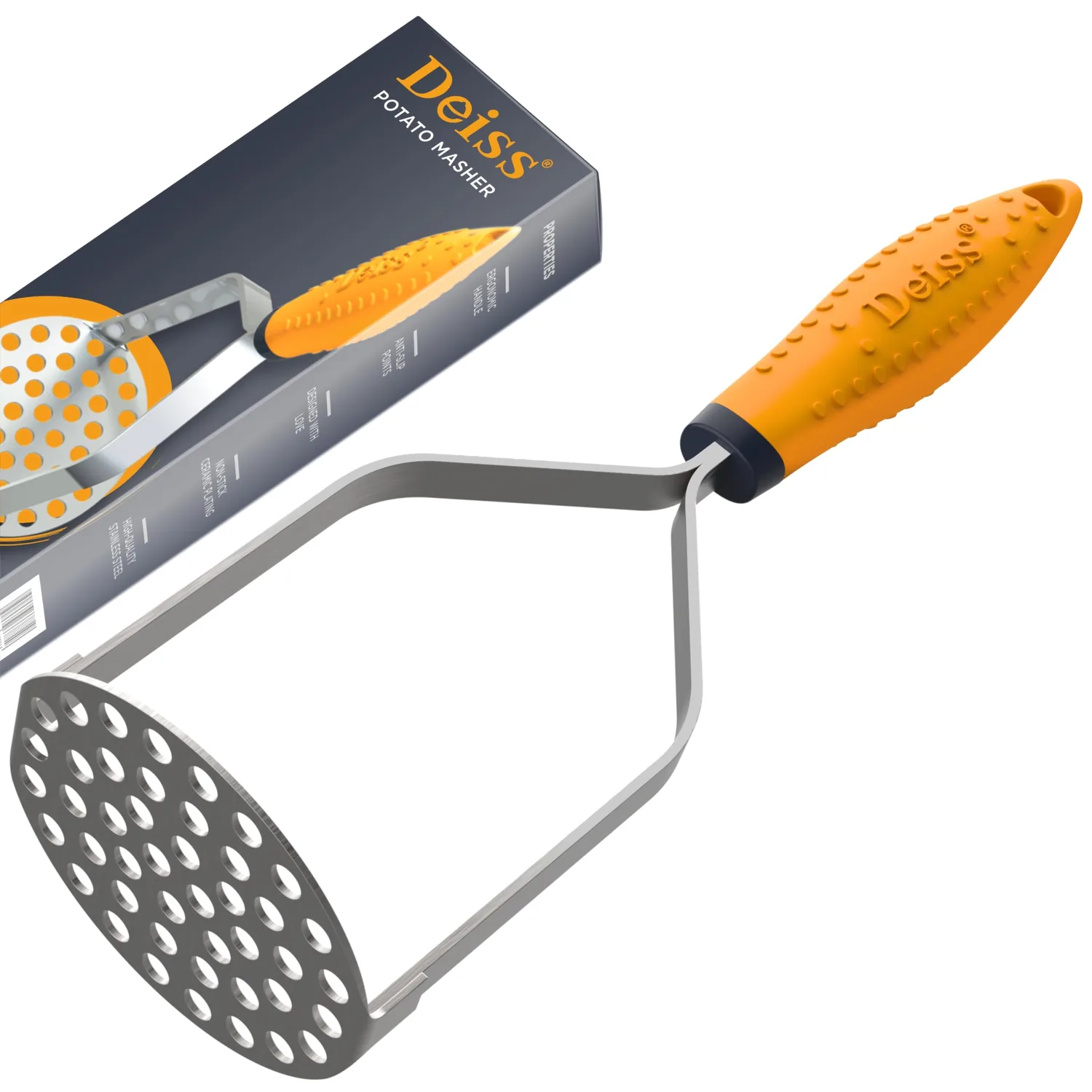 Deiss PRO Heavy Duty Stainless Steel Potato Masher with Non-Slip Rubber Handle High-Quality Hand Held Potato Masher for Struggle-Free Mashing Dishwasher Safe Vegetable and Fruit Ma
