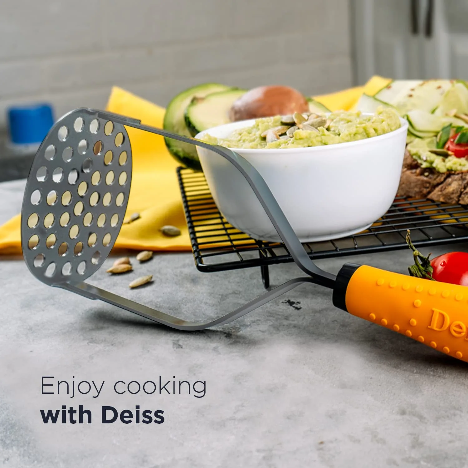 Deiss PRO Heavy Duty Stainless Steel Potato Masher with Non-Slip Rubber Handle High-Quality Hand Held Potato Masher for Struggle-Free Mashing Dishwasher Safe Vegetable and Fruit Ma