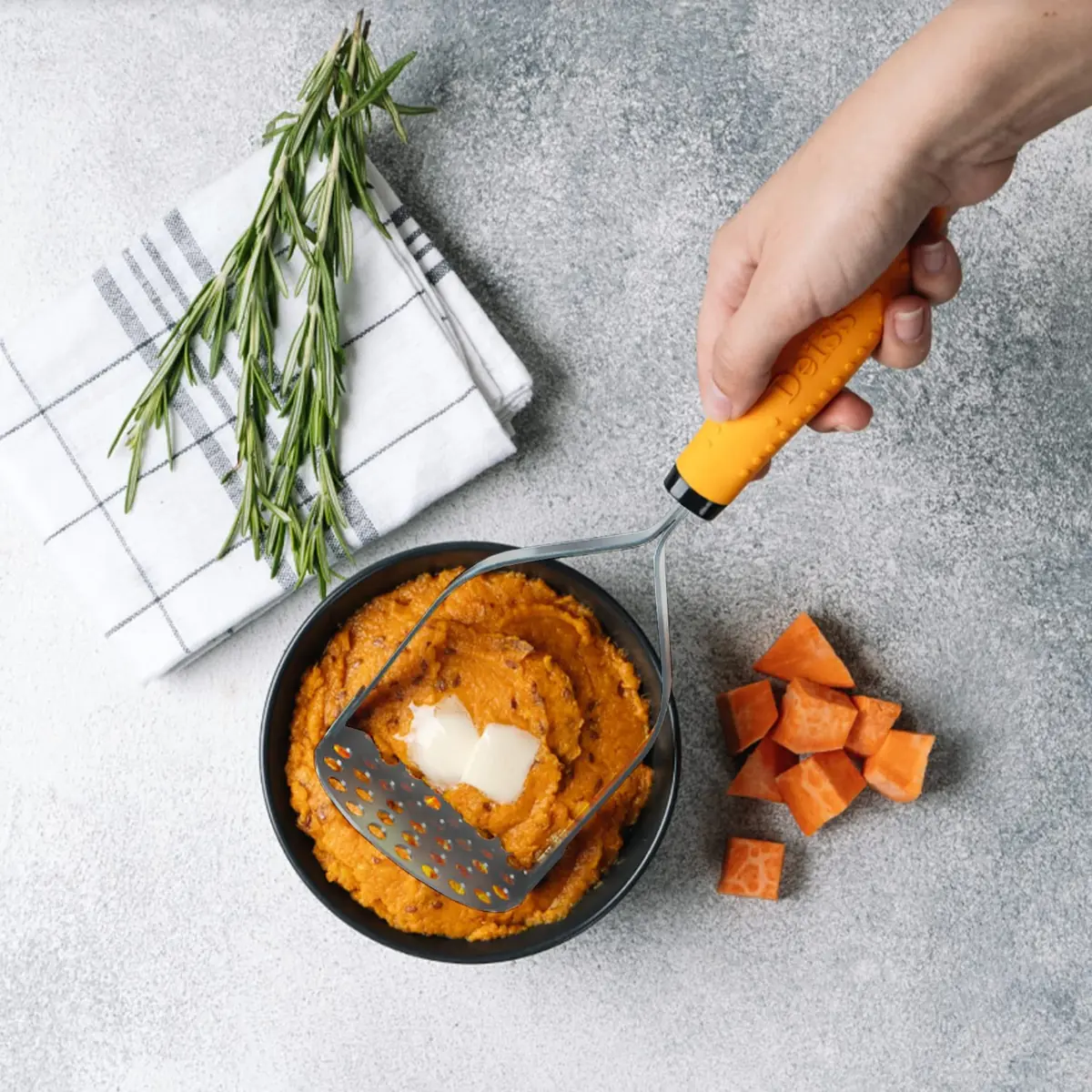Deiss PRO Heavy Duty Stainless Steel Potato Masher with Non-Slip Rubber Handle High-Quality Hand Held Potato Masher for Struggle-Free Mashing Dishwasher Safe Vegetable and Fruit Ma