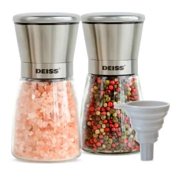 Deiss PRO Salt and Pepper Mill Set with funnel - Salt Grinder and Pepper Grinder with Adjustable Ceramic Rotor - Stainless Steel Salt and Pepper Set, Black Pepper, Sea & Himalayan