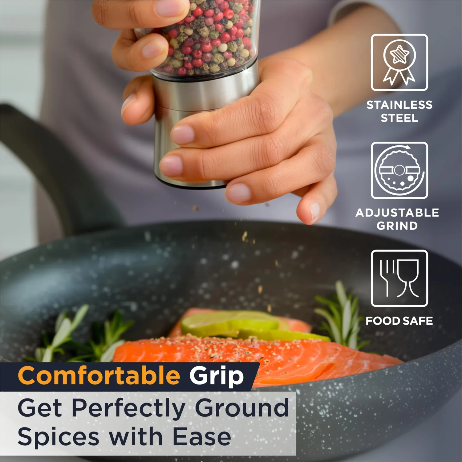 Deiss PRO Salt and Pepper Mill Set with funnel - Salt Grinder and Pepper Grinder with Adjustable Ceramic Rotor - Stainless Steel Salt and Pepper Set, Black Pepper, Sea & Himalayan