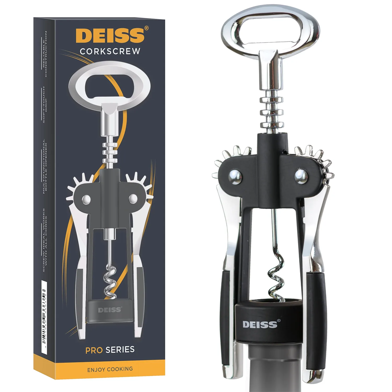 Deiss PRO Wing Corkscrew Wine Opener - 2 in 1 Wine Corkscrew and Beer Opener - The Easiest Way to Open Wine Bottle Corks - Reliable and Sturdy Wine Opener - Wine Bottle Opener