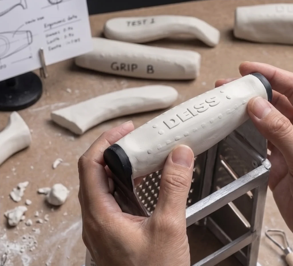 Hands testing a clay grip prototype on a Deiss box grater, with sketches and other grip models on the workbench